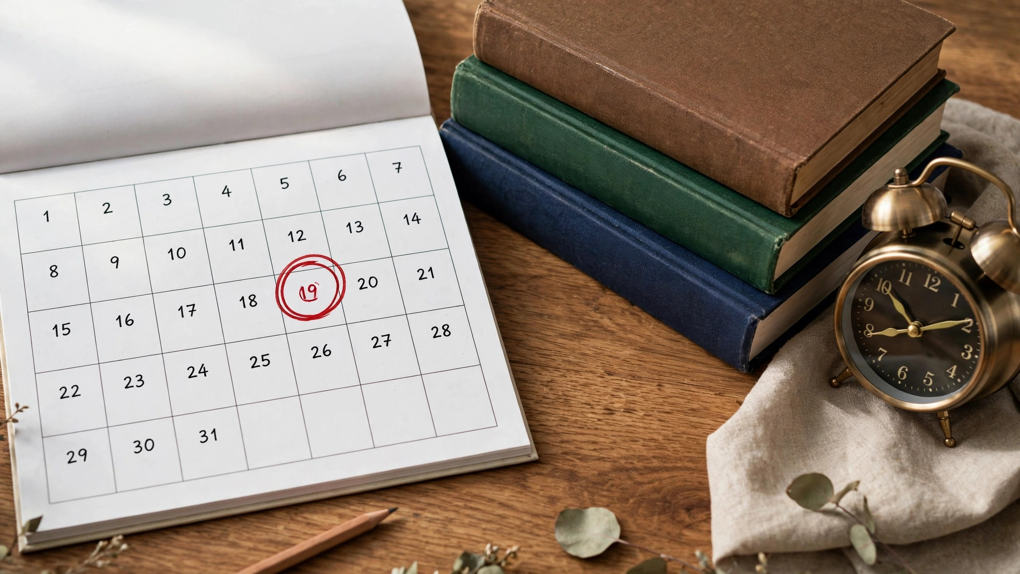 Study planner with circled exam date, books and alarm clock on a desk