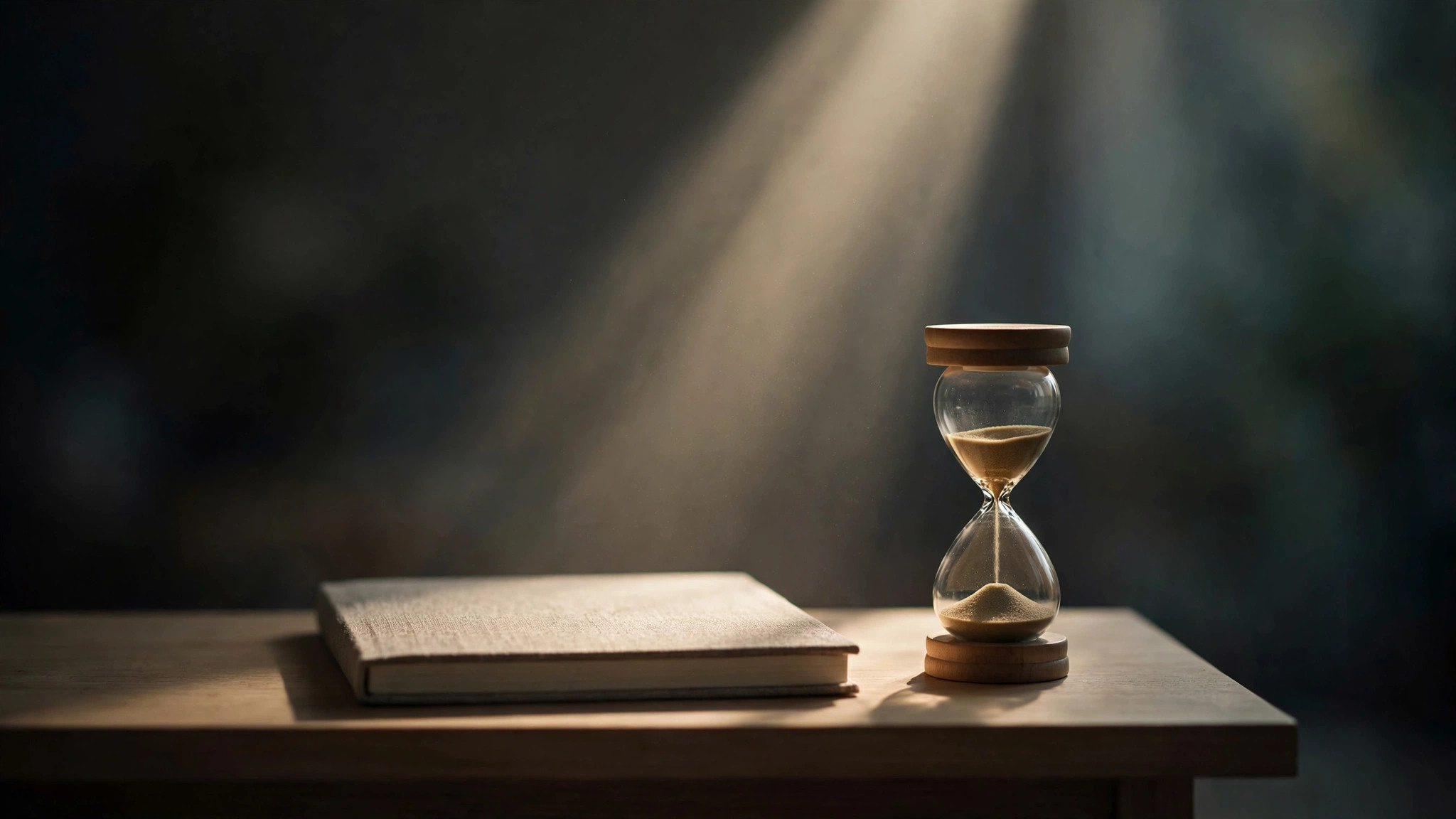 Minimalist desk with notebook and hourglass in a beam of light, representing deep study focus