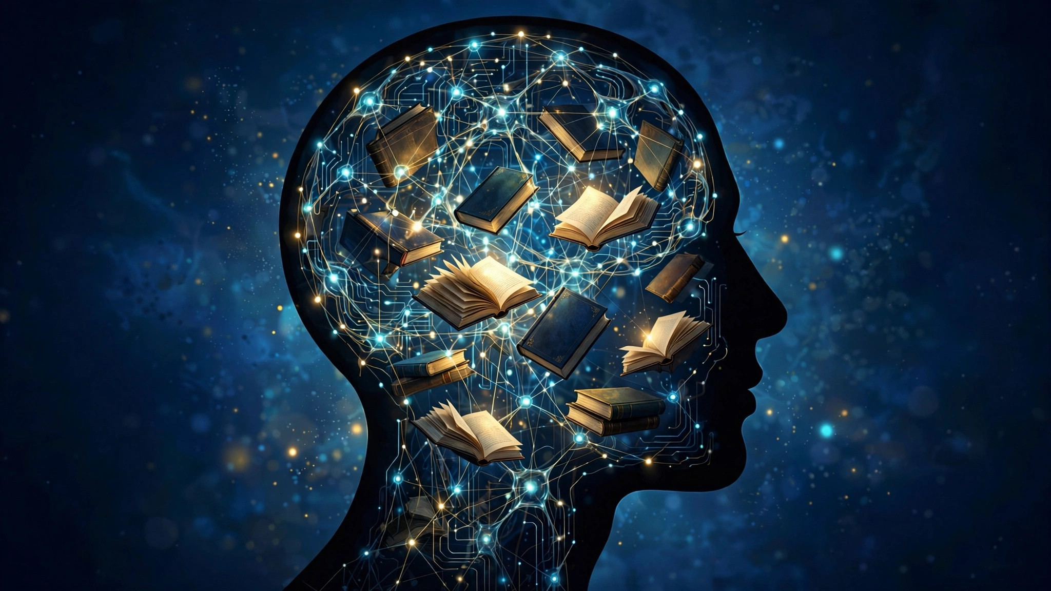 Head silhouette filled with glowing neural network and books, symbolizing memory techniques