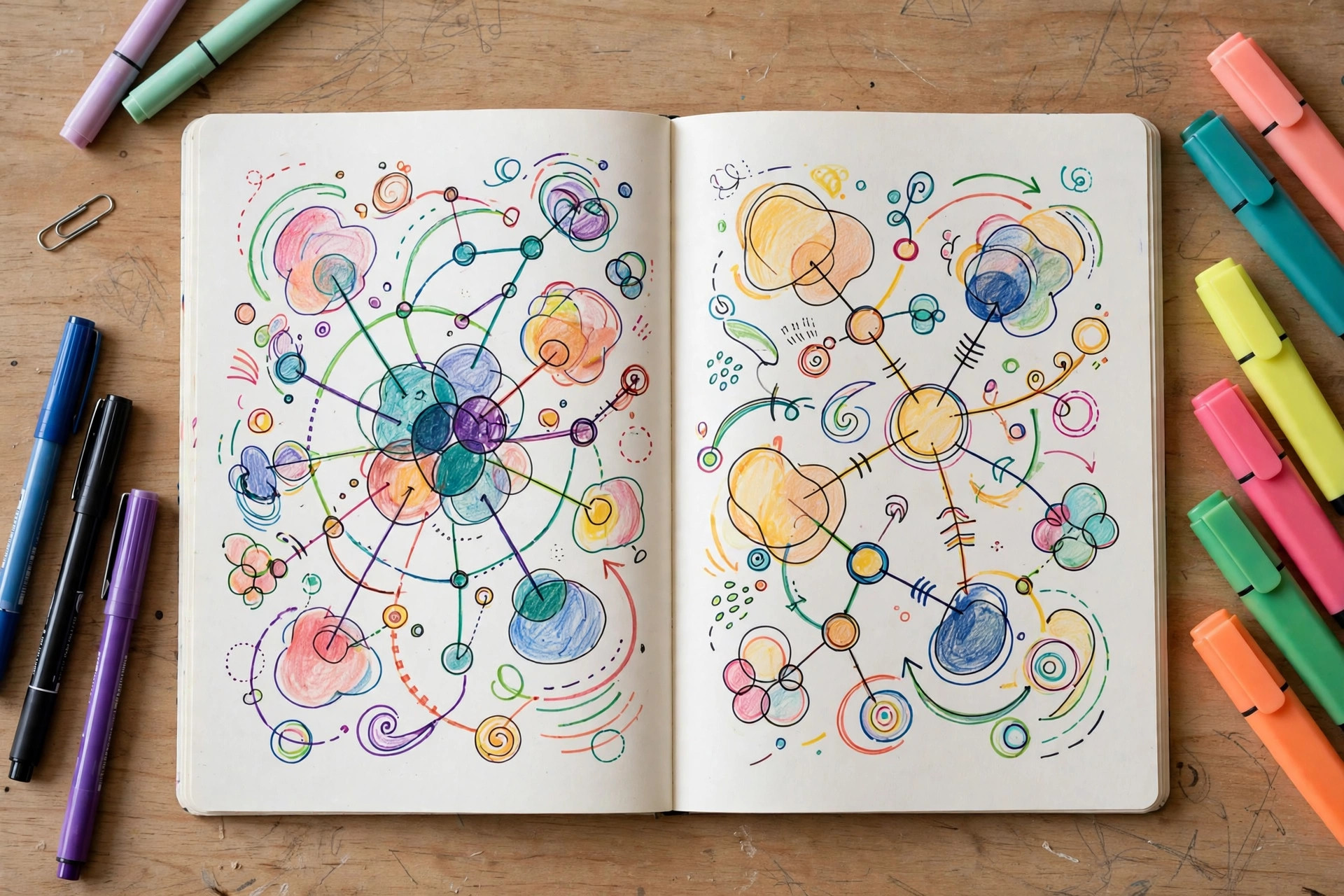 Open notebook with colorful diagrams and mind maps, pens and highlighters nearby
