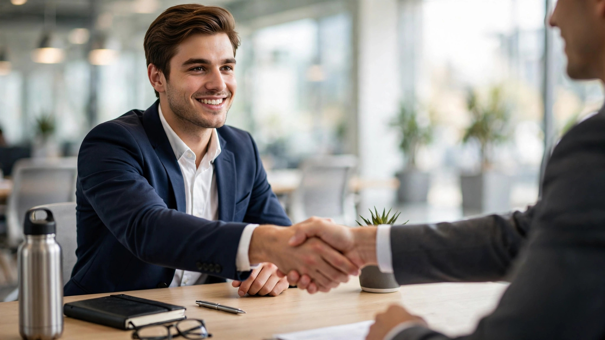 Professional handshake across a desk in a bright modern office during a job interview