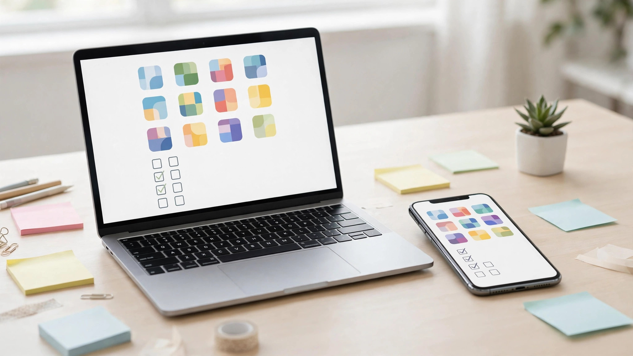 Smartphone and laptop with abstract productivity apps and checklists on a student desk