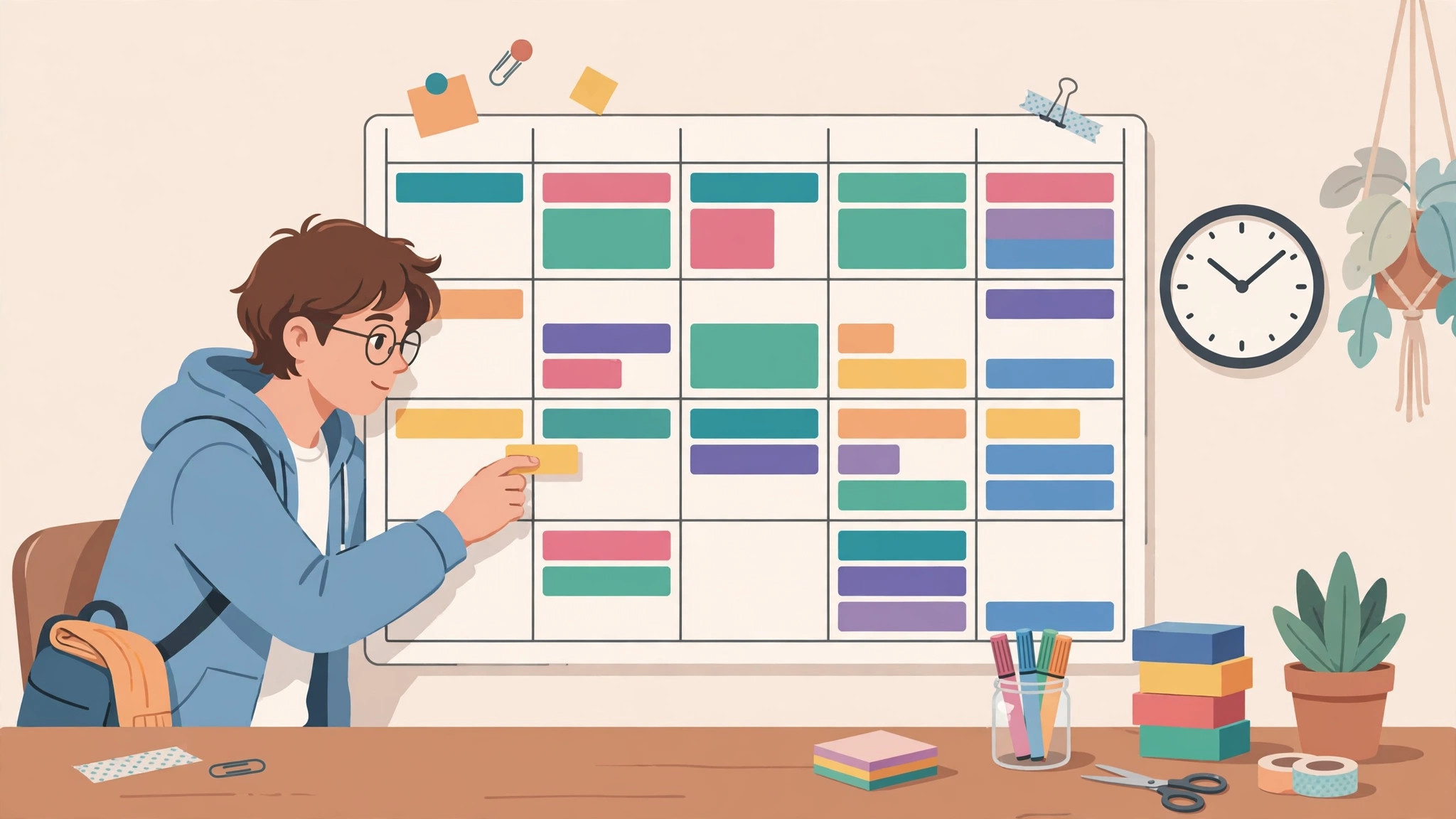 Student organizing colorful time blocks on a weekly planner beside a clock